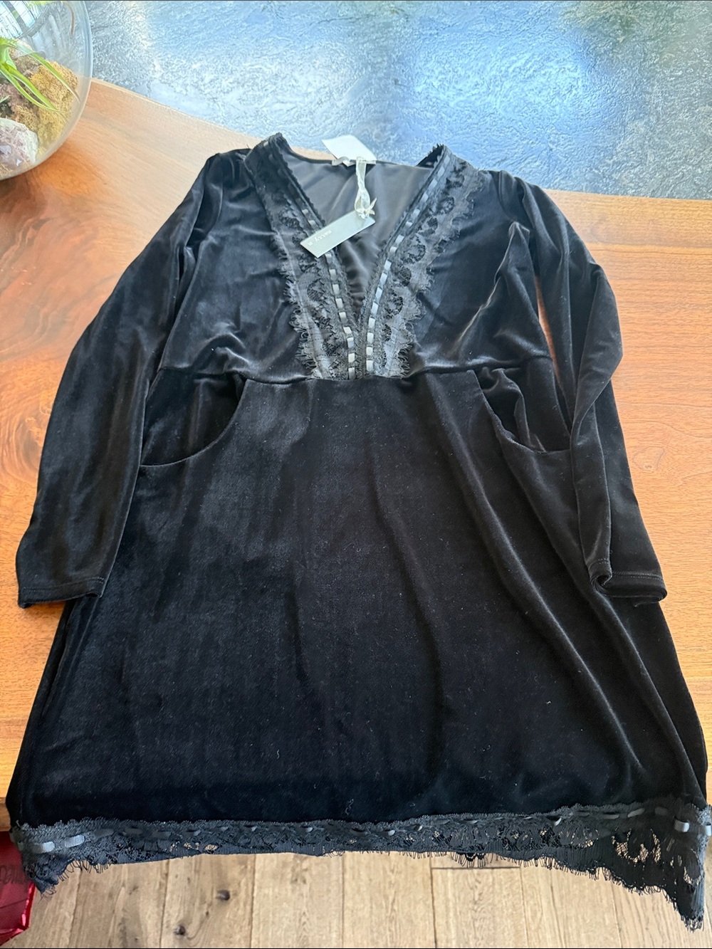 Black Velvet Lace-Trim V-Neck Women's dress